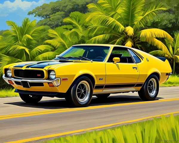 Vibrant Yellow Vintage Car on Scenic Tropical Road