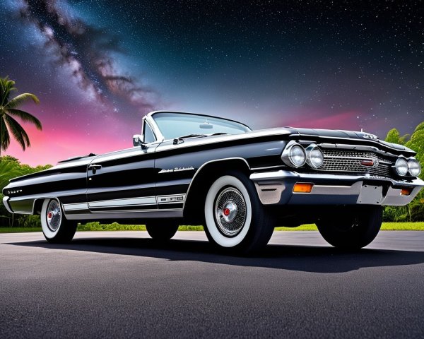 Classic Black and White Convertible Under Starry Sky