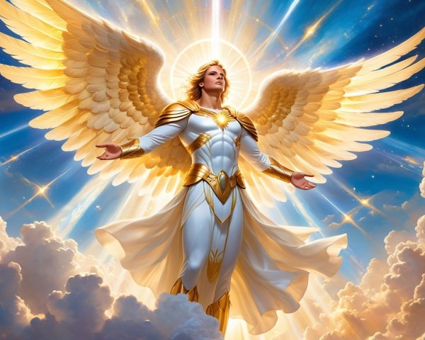 Majestic angel with golden wings in celestial setting