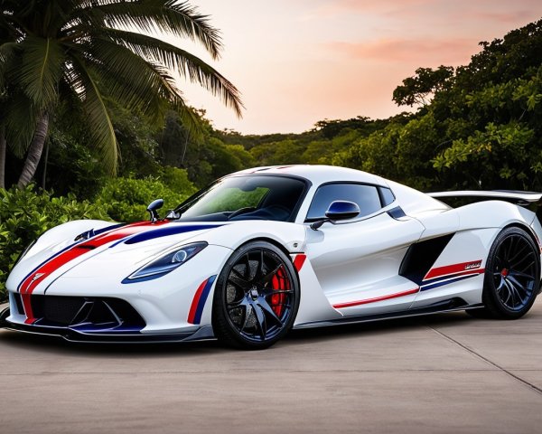 High-Performance Sports Car with Stripes and Sunset Background