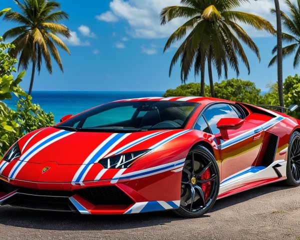 Red Lamborghini Huracán with Union Jack stripes in tropical setting