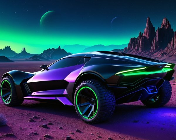 Futuristic Car in Alien Landscape with Starry Sky