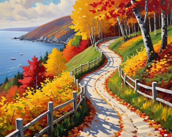 Autumn Landscape with Winding Path and Ocean View