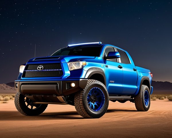 Blue Toyota Truck in Desert Under Starry Sky
