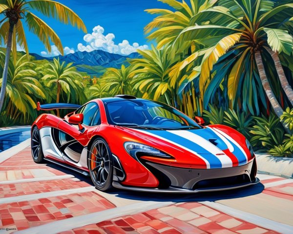 Red McLaren P1 with Racing Stripes in Tropical Setting