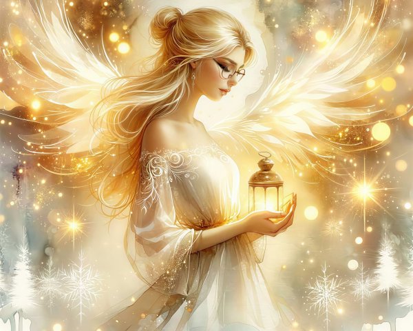 Angelic Woman in White Gown with Golden Wings