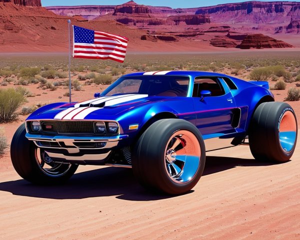 Custom Blue Muscle Car with American Flag in Desert