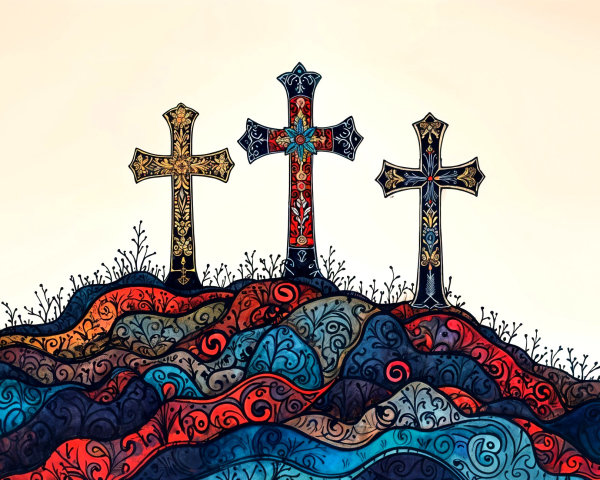 Intricate Cross Designs in a Serene Landscape