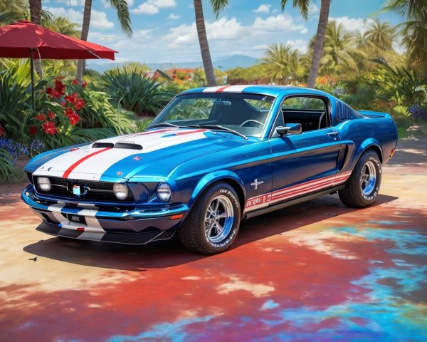 Classic Blue Ford Mustang in Tropical Setting