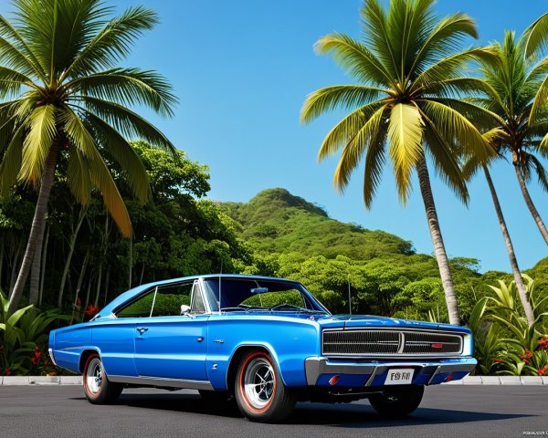 Classic Blue Muscle Car in Tropical Landscape