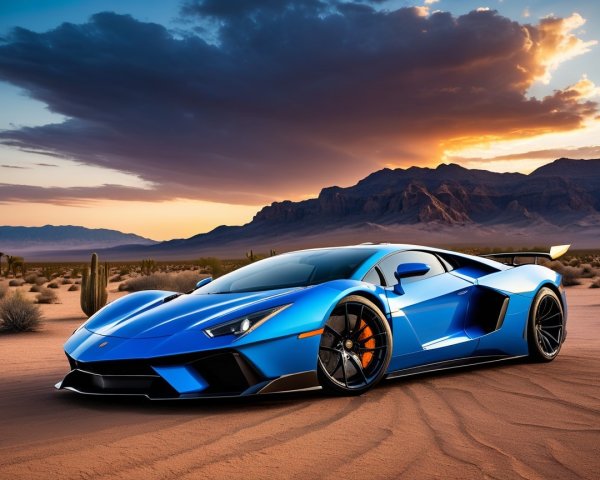 Sleek Blue Lamborghini Aventador in Desert Sunset