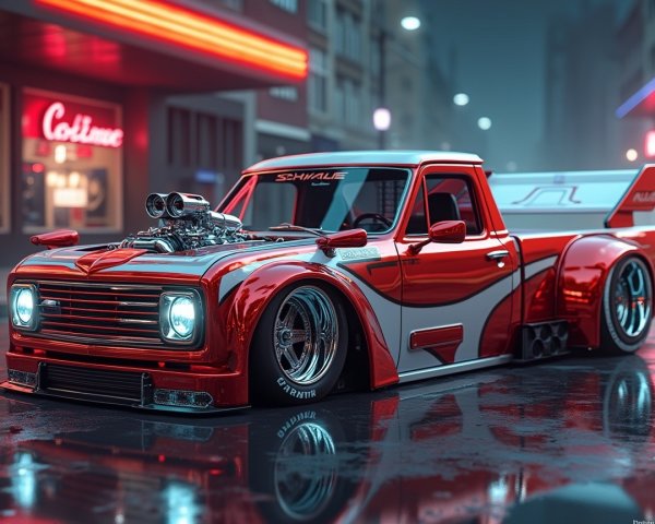 Modified Red Pickup Truck with Sleek Design Elements