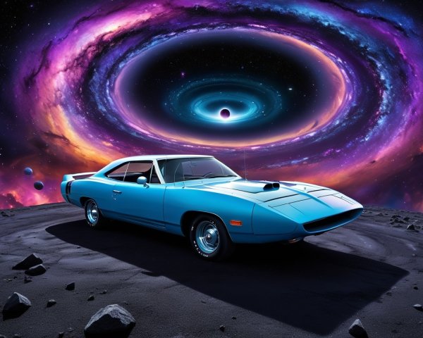 Vintage Blue Muscle Car on Asteroid Surface with Galaxy
