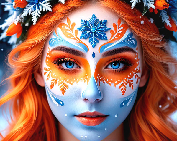 Young woman with orange hair and floral crown in winter