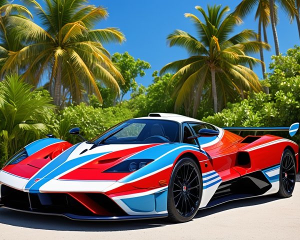 Race Car on Beach with Red, White, and Blue Livery