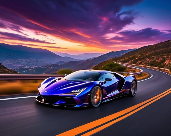 Purple Sports Car on Winding Mountain Road at Sunset