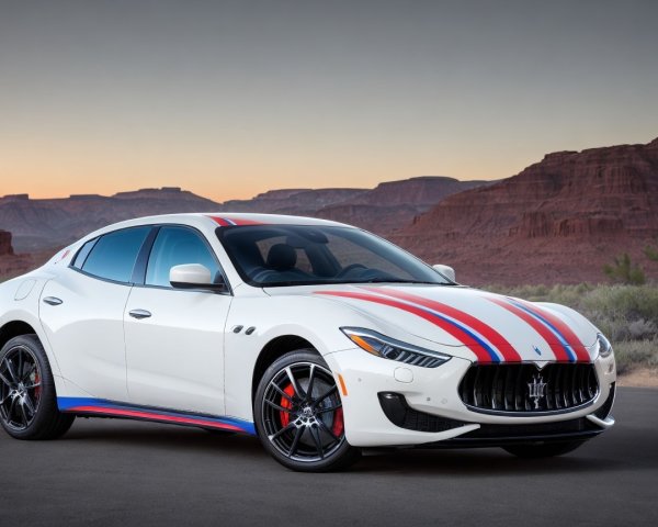 White Sports Sedan with Racing Stripes at Sunset