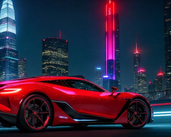 Red Sports Car Against Vibrant City Skyline at Night
