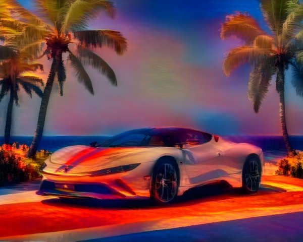 Futuristic sports car under colorful sunset and palm trees