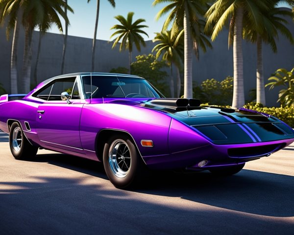 Vintage purple sports car under palm trees