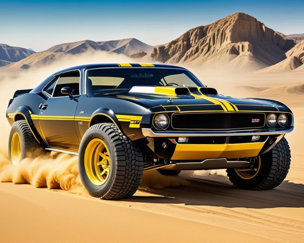 Muscle Car Racing in Desert Landscape with Mountains
