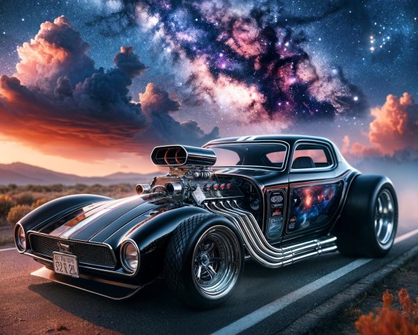 Futuristic Hot Rod on Empty Road with Cosmic Sky
