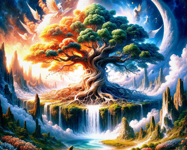 Majestic Tree with Ethereal Creatures in Cosmic Landscape