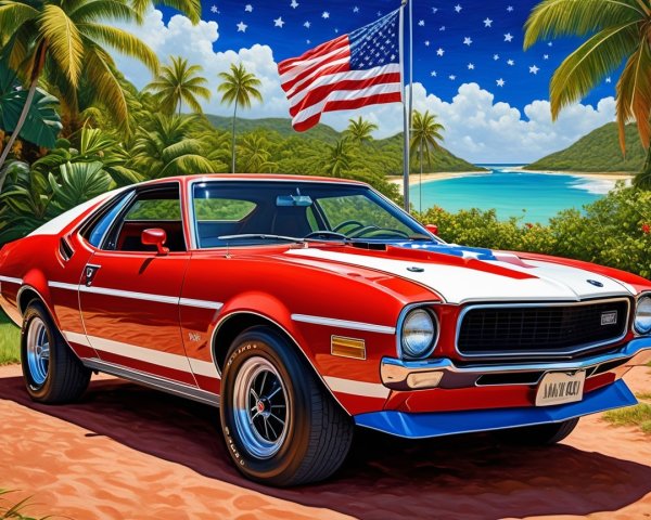 Classic Red and White Car on Sandy Beach with Ocean View