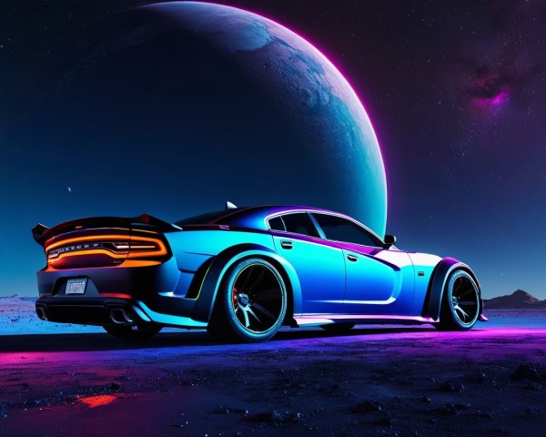 Futuristic Car on Alien Landscape with Starry Sky