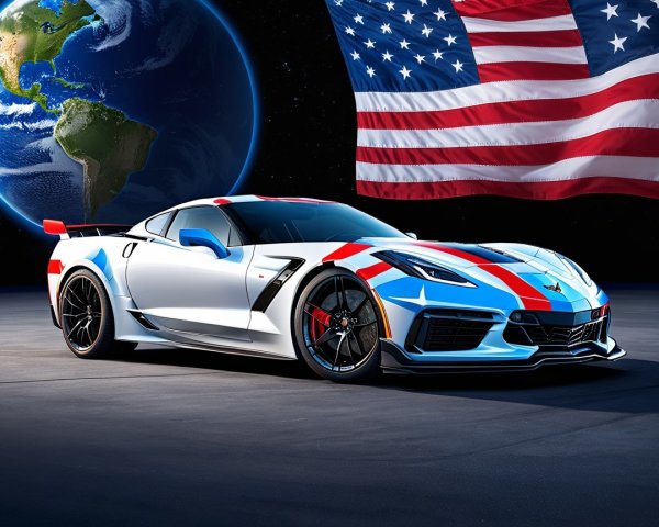 White Sports Car with Red and Blue Accents in Space