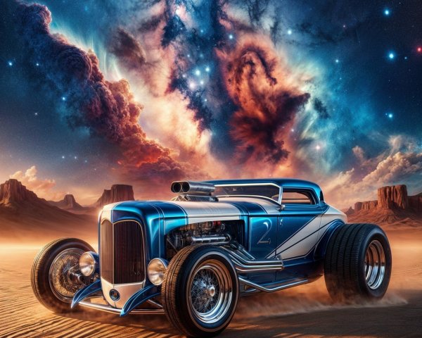 Classic Blue Hot Rod in Vibrant Desert Landscape