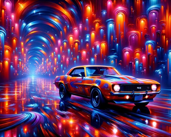 Psychedelic Scene with Muscle Car in Glowing Tunnel