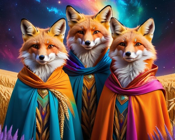 Majestic foxes in vibrant cloaks against a cosmic backdrop