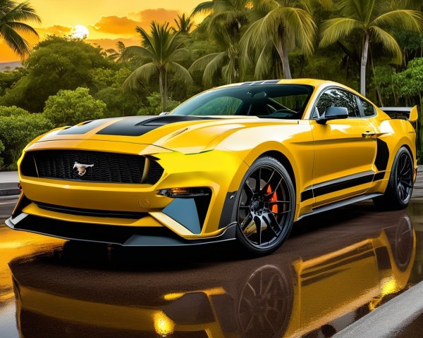 Yellow Sports Car with Black Stripes in Tropical Setting