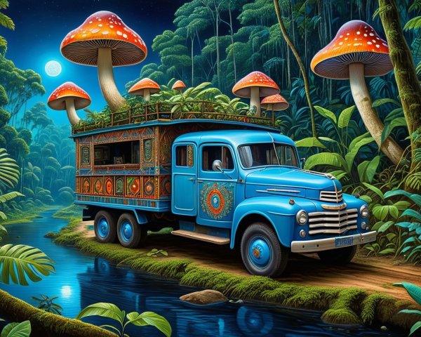 Vintage blue truck by jungle stream with mushrooms