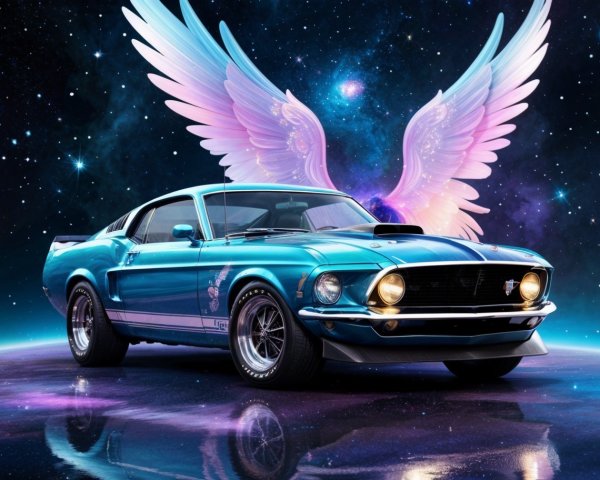 Vintage Blue Muscle Car Against Cosmic Background