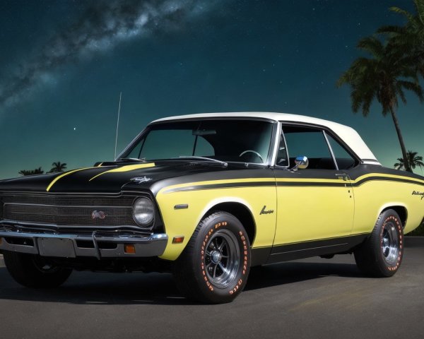 Classic Muscle Car in Black and Yellow with Vinyl Roof
