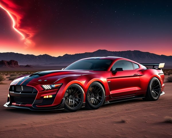 Red Sports Car with Black Stripes in Desert Sunset