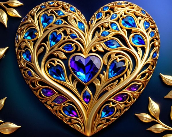 Intricate Heart Design with Golden Vines and Gemstones