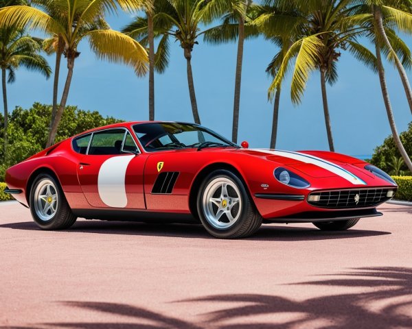 Red Ferrari with Palm Trees and Blue Sky Background