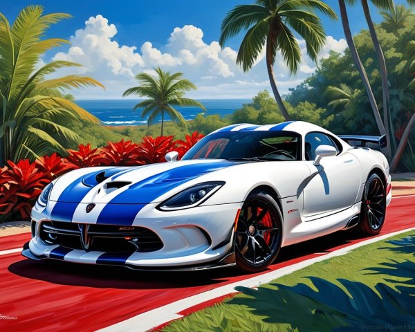 White Sports Car with Blue Stripes on Red Road