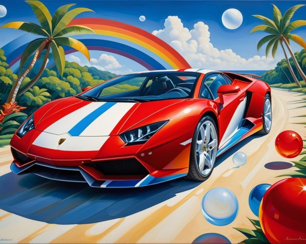 Vibrant Sports Car Scene with Palm Trees and Rainbow