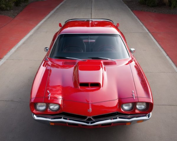 Aerial View of a Classic Red Muscle Car