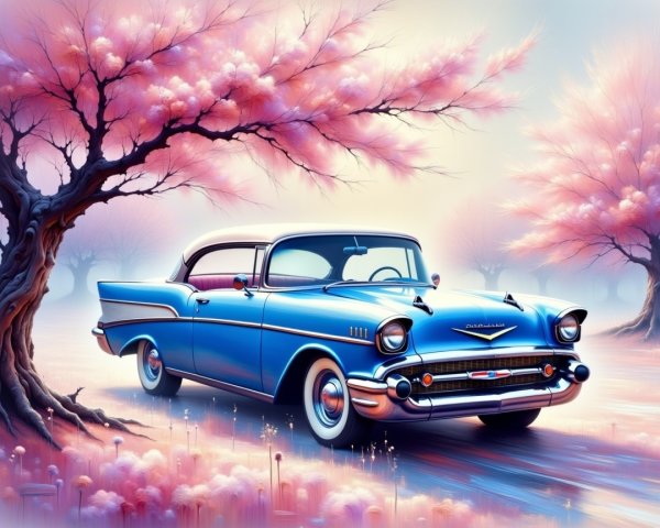 Vintage 1957 Chevrolet Under Blossoming Pink Tree