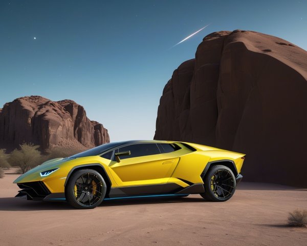 Yellow Supercar in Desert with Red Rock Formations