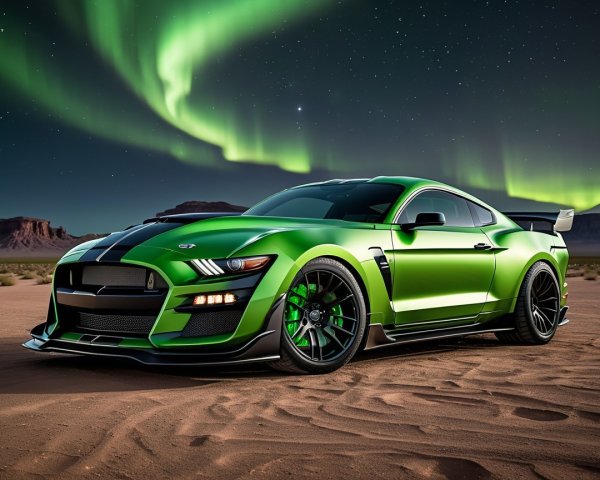 Green Shelby Mustang GT500 in Desert Under Northern Lights