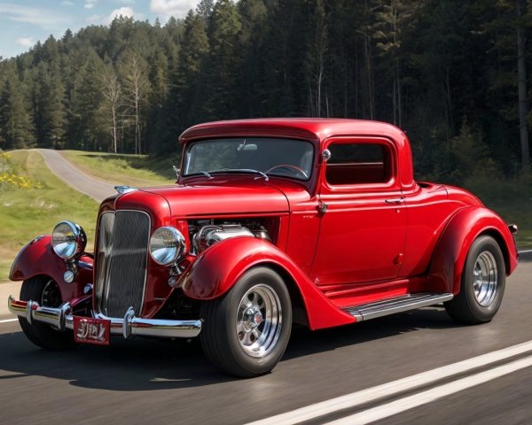Classic Red Coupe on Scenic Road with Greenery