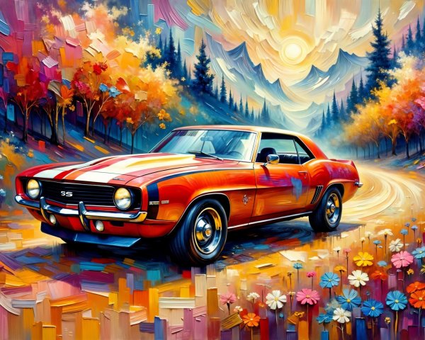 Classic Camaro SS Amidst Autumn Foliage and Sunset
