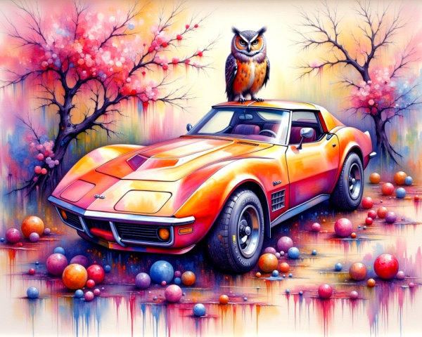 Watercolor Painting of Orange Sports Car with Owl