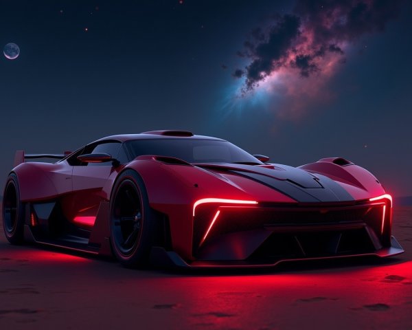 Futuristic Sports Car on Barren Landscape Under Stars